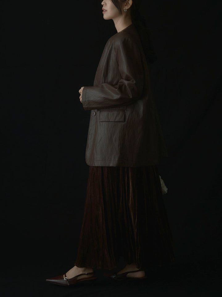 【SET】レザーノーカラージャケット+ベロアワッシャープリーツスカート(2set)