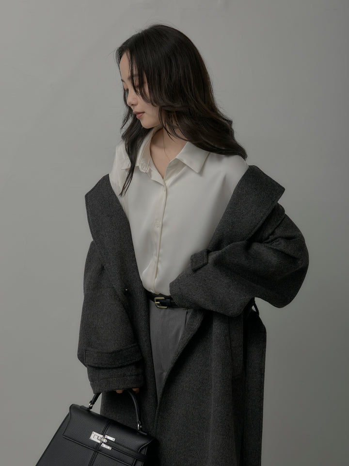 【SET】【Essential】ソフトウールリバートレンチコート+ケープ付きオーバーサテンシャツ+【Essential】３タックスラックス(3set)