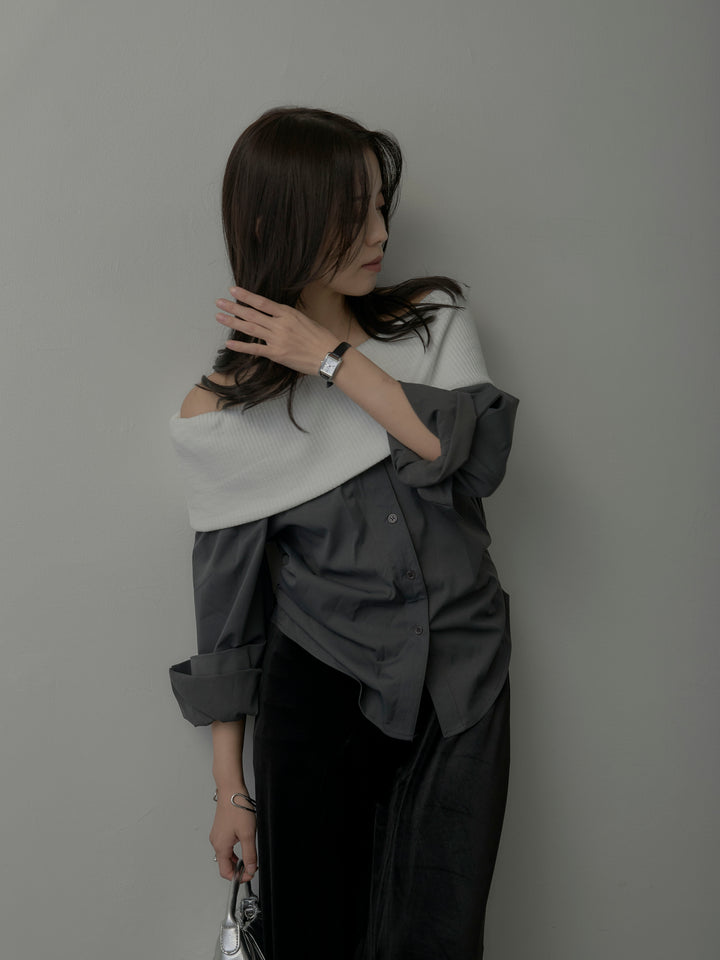 【SET】ニットシャツドッキングオフショルトップス+ベロアフレアロングスカート(2set)