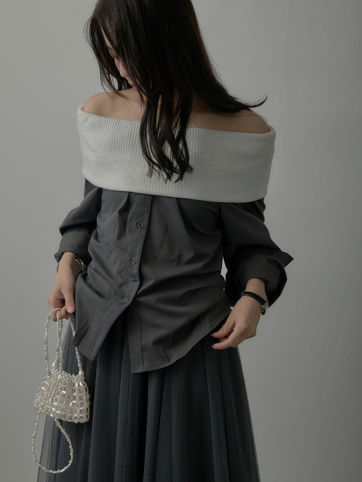 ニットシャツドッキングオフショルトップス