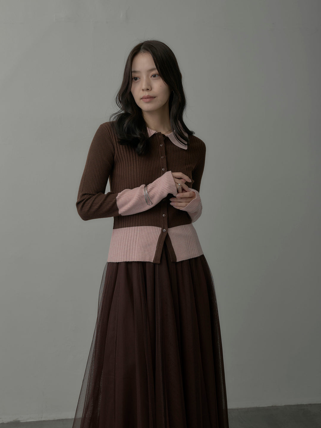 バイカラーリブニットポロトップス