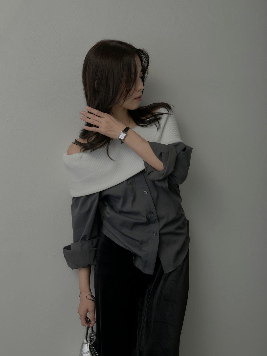 ニットシャツドッキングオフショルトップス