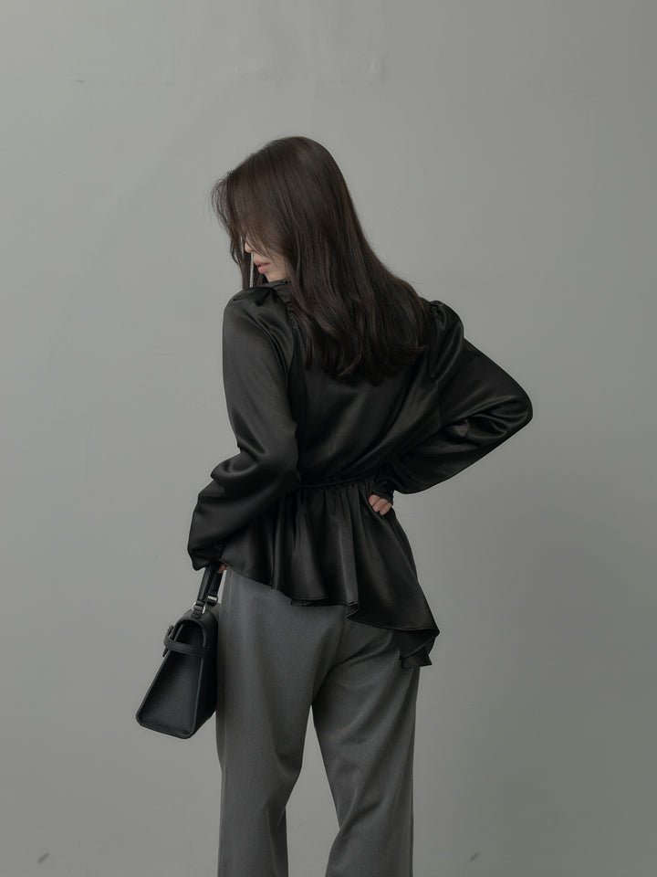 【SET】Vネックアシメサテンブラウス+【Essential】３タックスラックス(2set)