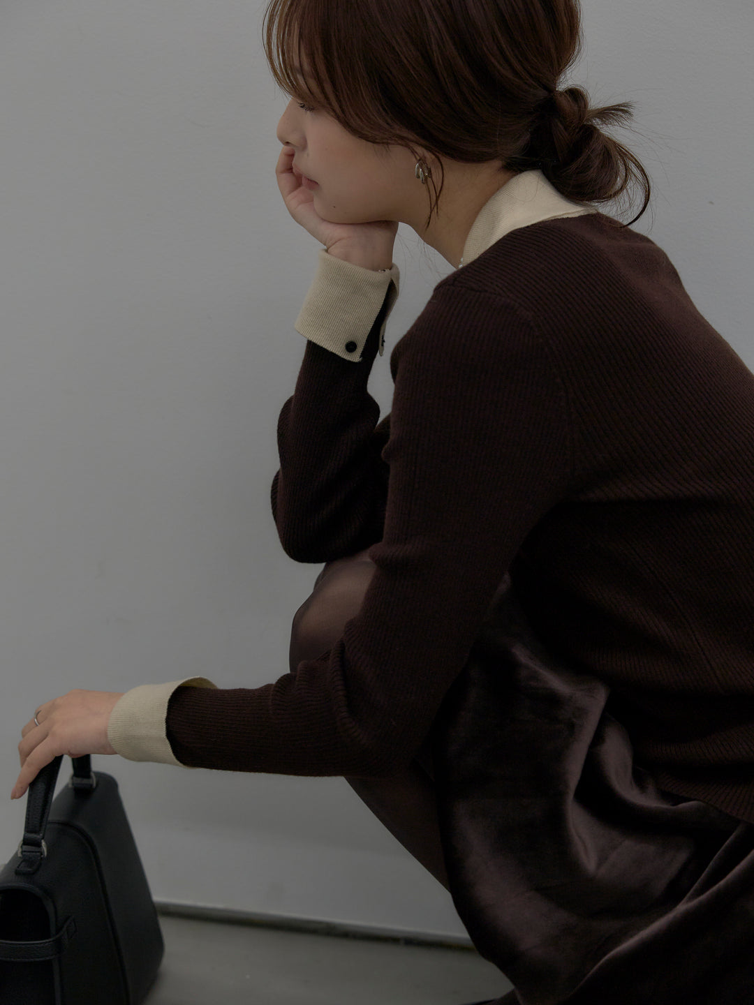 【SET】配色カフスニットポロ+ベロアバルーンミニスカート(インパン付き)(2set)