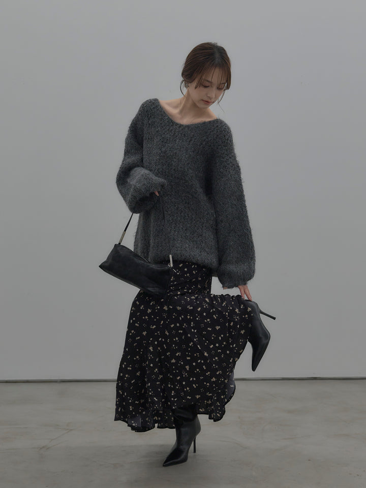 【SET】ラメ糸ローゲージ編みオーバーニットトップス+フラワーパターンマーメイドフレアスカート(2set)