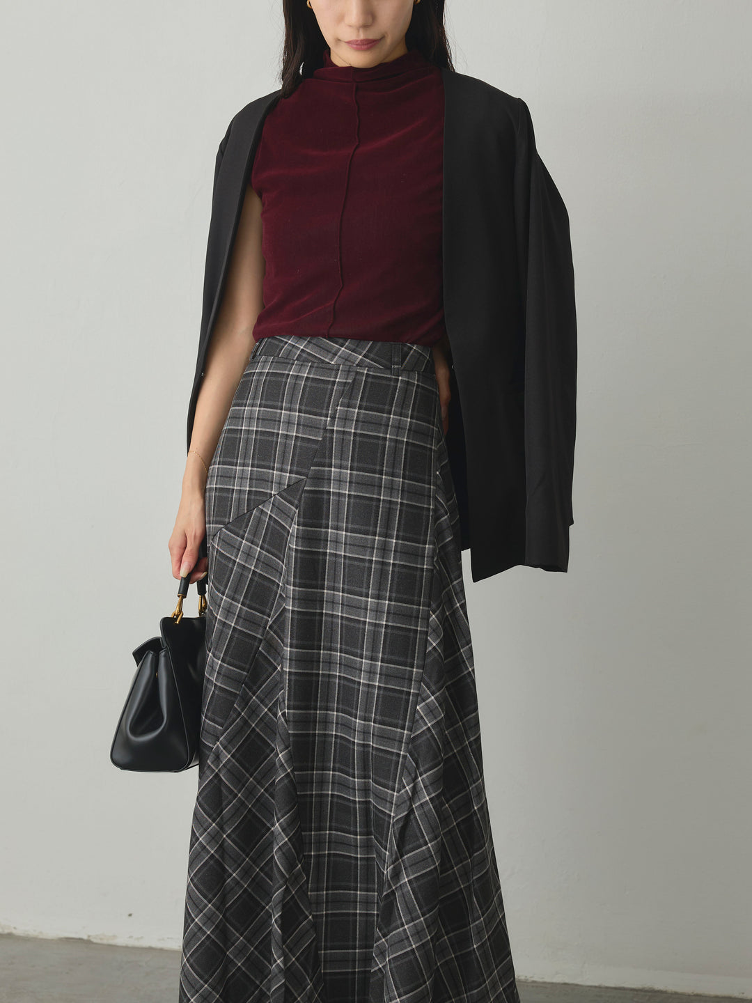 【SET】【Essential】フロントホックノーカラージャケット+クラシカルチェックパネルスカート(2set)