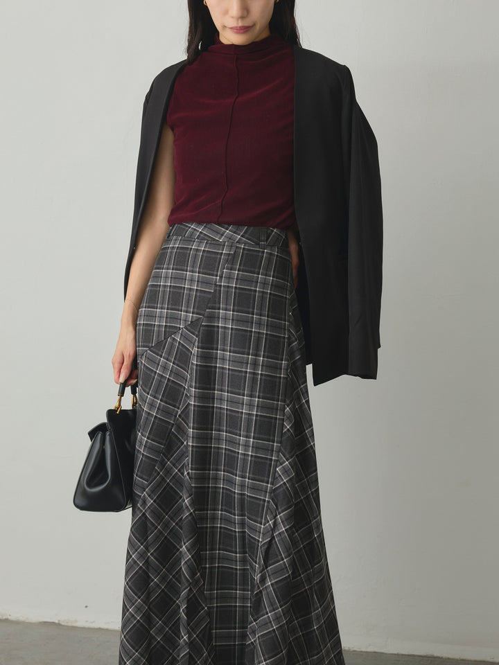 【SET】【Essential】フロントホックノーカラージャケット+クラシカルチェックパネルスカート(2set)