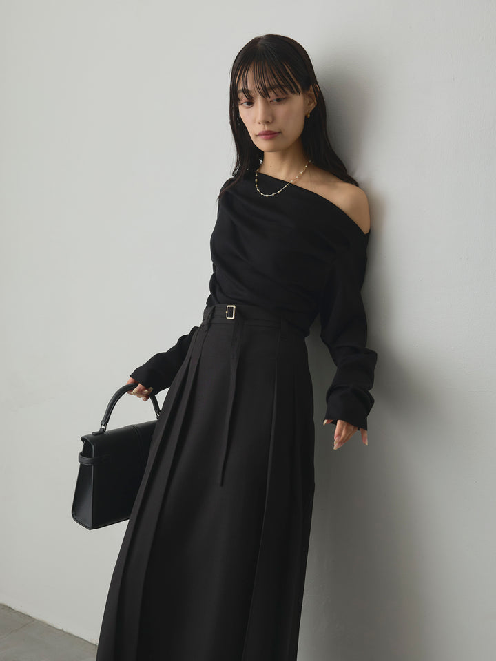 【SET】【Essential】2wayショルダードレープカットトップス+【Essential】ベルト付きサイドタックスカート(2set)