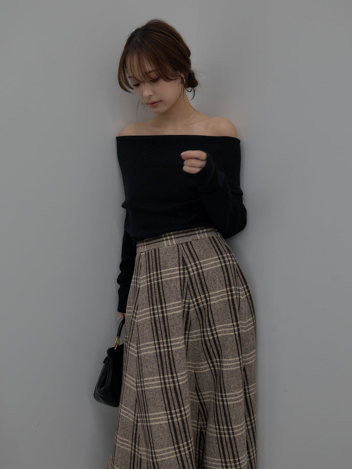 【SET】【premium touch】ソフトリブオフショルニットトップス+【Essential】クラシカルチェックウールタッチスカート(2set)