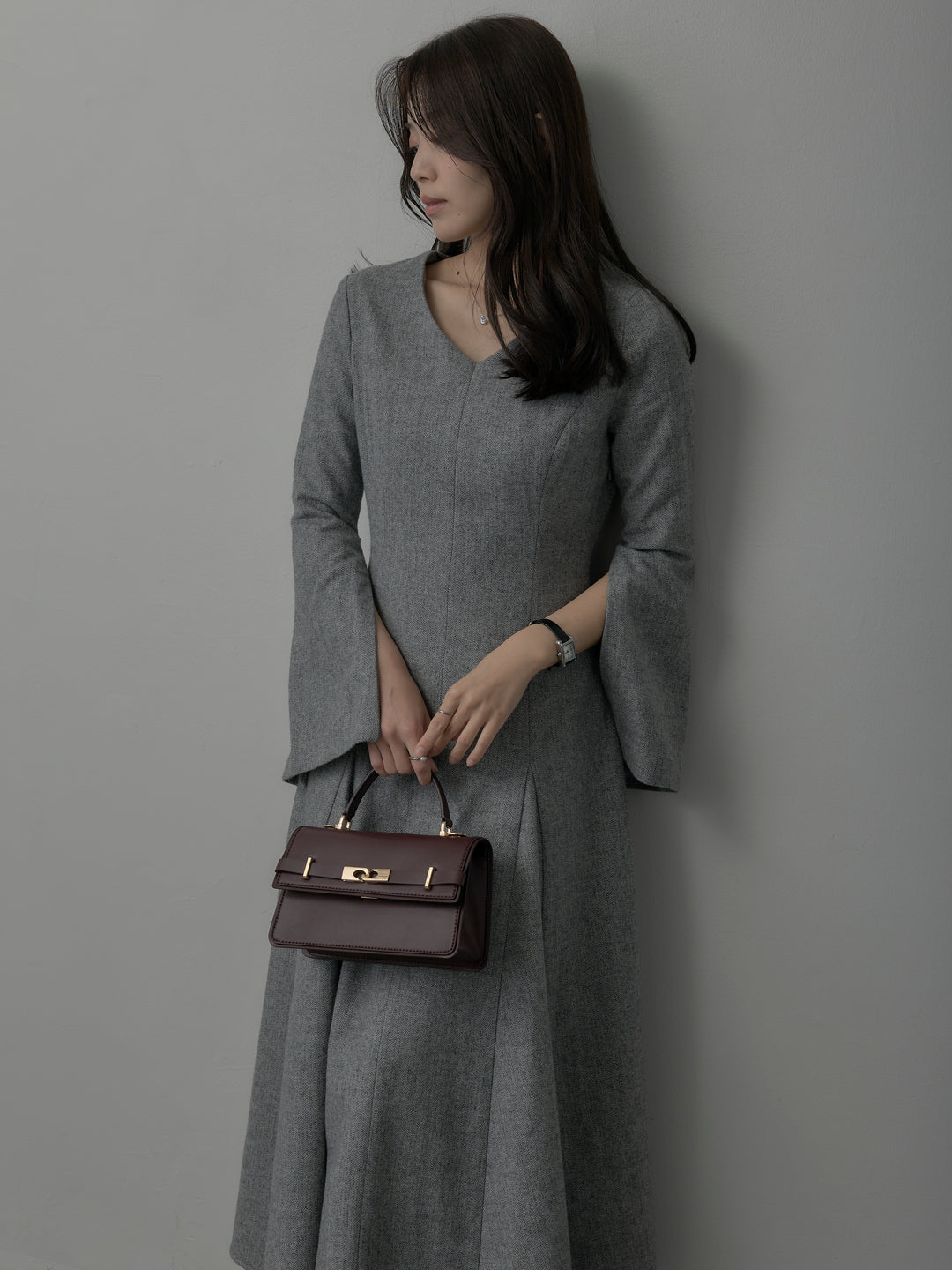 【Essential】2wayスリーブヘリンボーンフレアワンピース