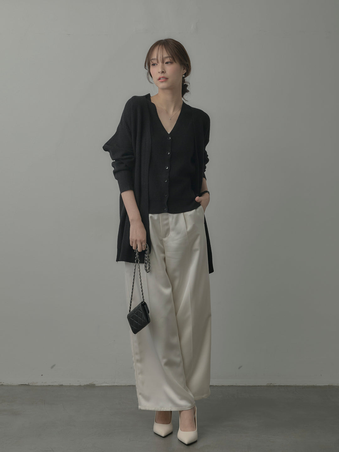 【SET】カーディガン&ニットベストアンサンブルSET+【Essential】センタープレスサテンパンツ(2set)