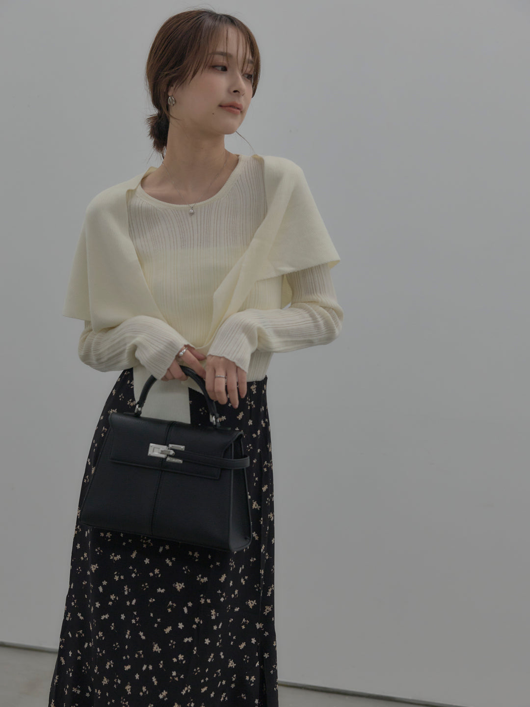 ニットスカーフ付きリブニットトップス