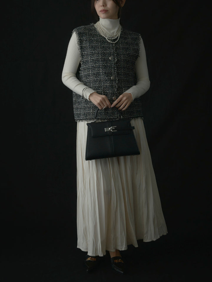 【SET】ツイードフリンジベスト+リブニットタートルネック+ベロアワッシャープリーツスカート(3set)