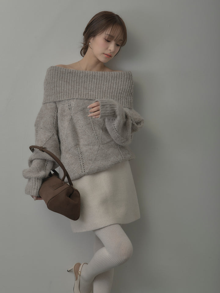 【SET】メランジニットオフショルトップス+ブークレ台形ミニスカート (2set)