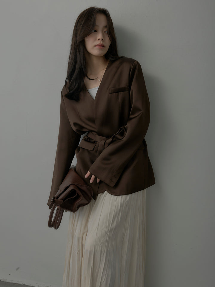 【SET】ノーカラーサテンジャケット+ベロアワッシャープリーツスカート(2set)