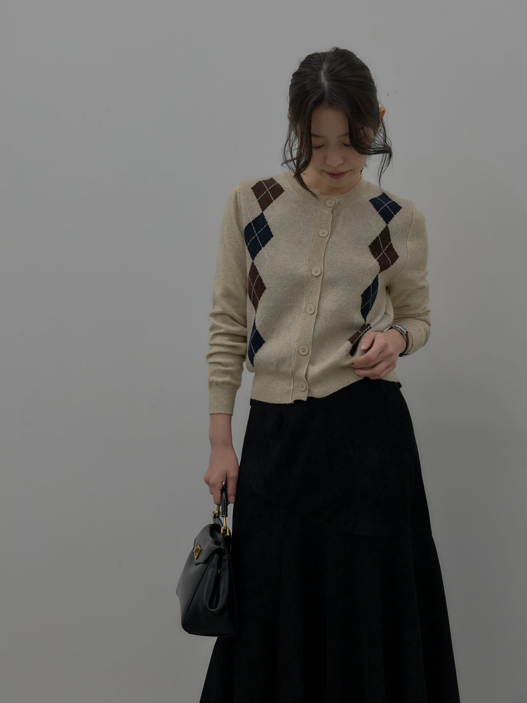 【SET】アーガイル柄ニットカーディガン+スウェードフレアスカート(2set)