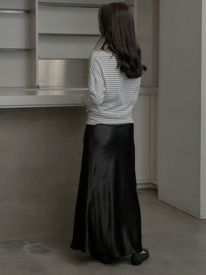 【SET】2wayショルダーボーダートップス+ナローAラインサテンスカート(2set)