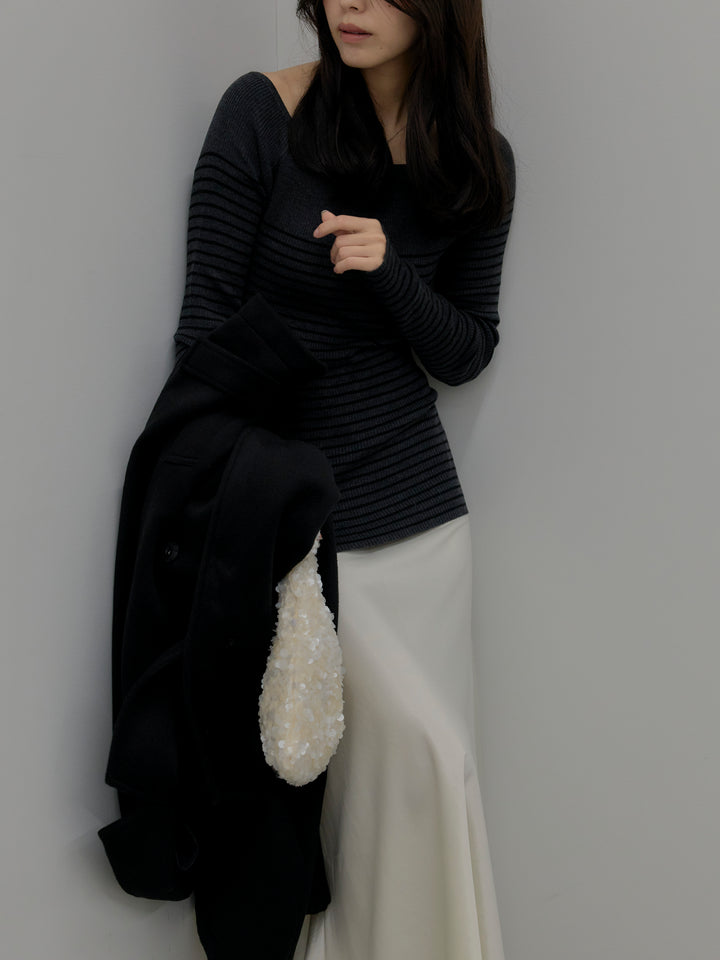 【SET】ハーフボーダーニットトップス+ナローAラインサテンスカート(2set)