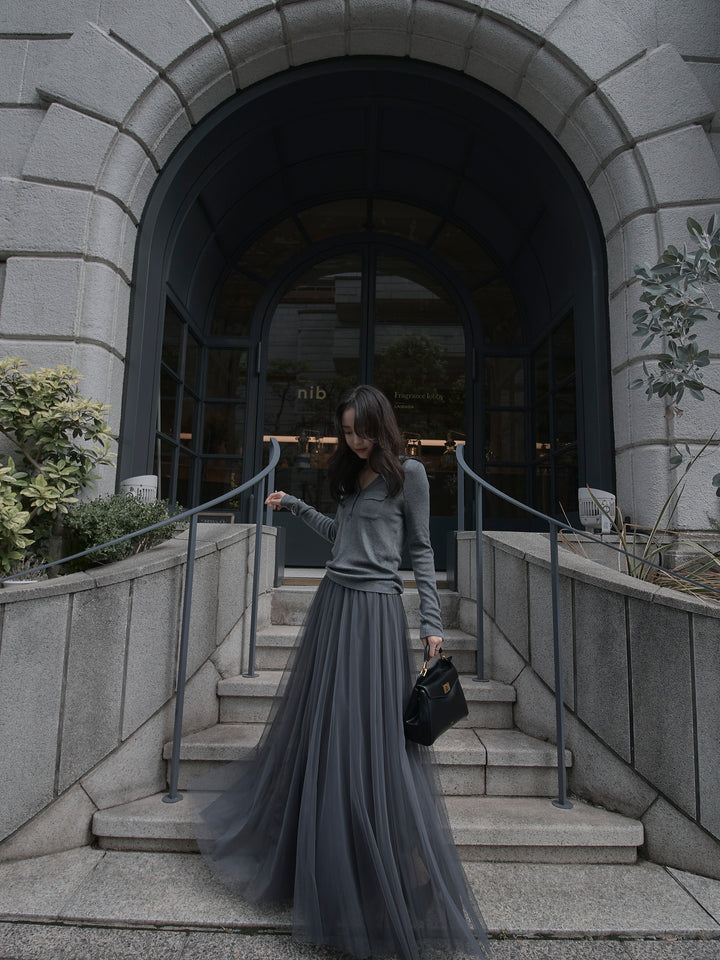 【SET】ポケットデザインリブニットトップス+ボリュームチュールスカート(2set)