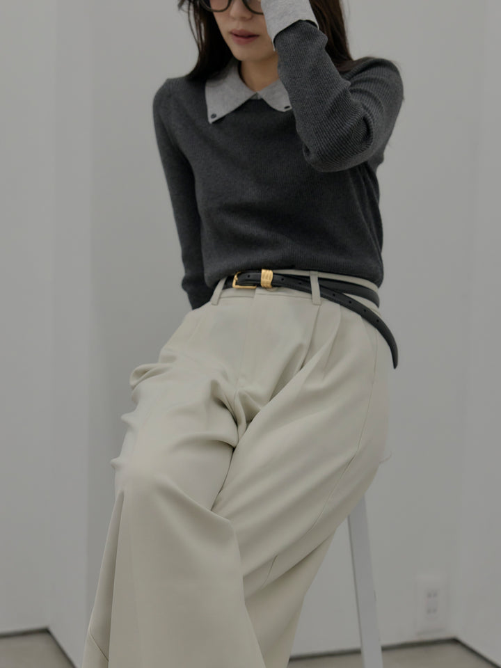 【SET】配色カフスニットポロ+デザインタックワイドパンツ(2set)