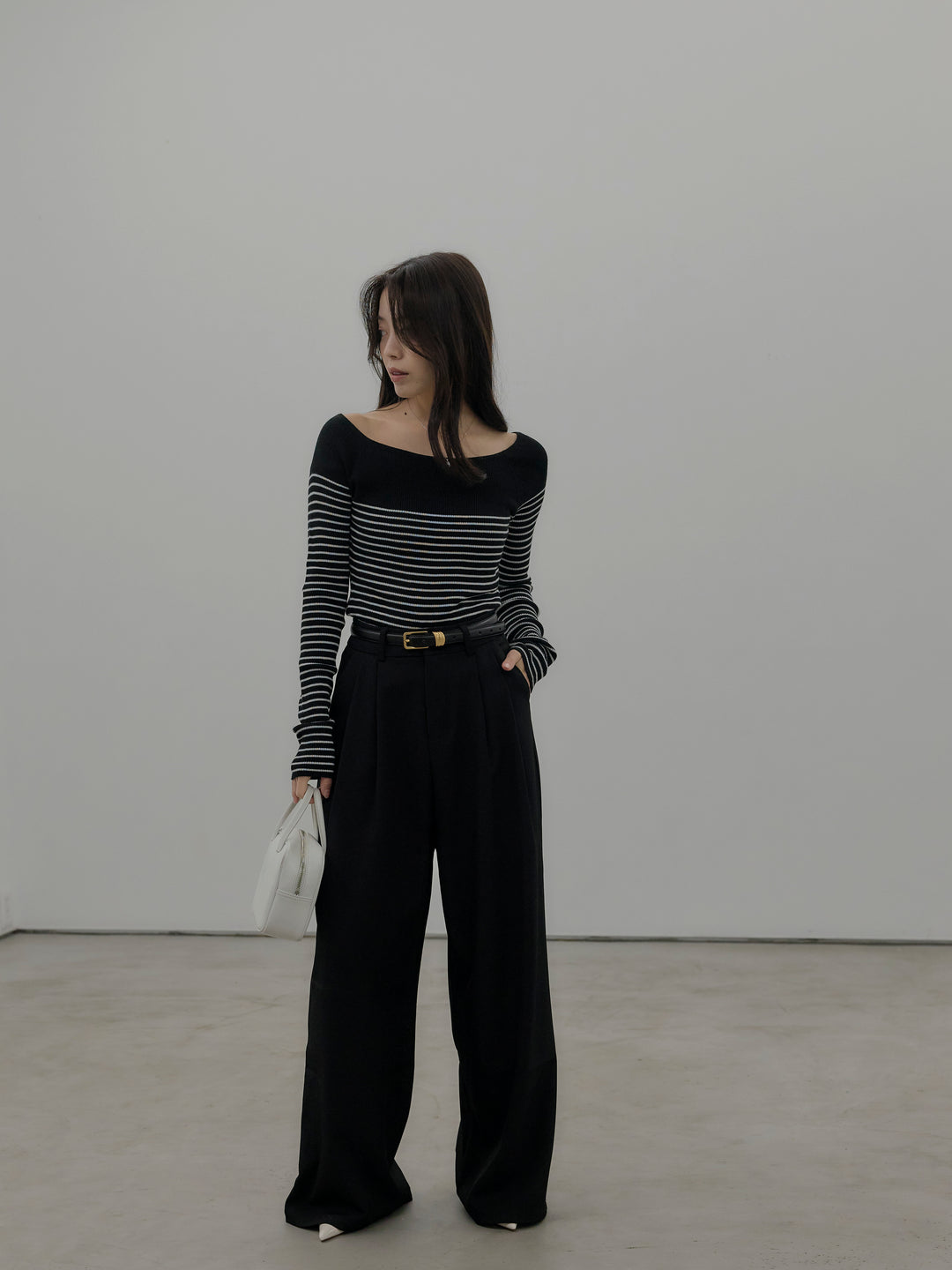 【SET】ハーフボーダーニットトップス+デザインタックワイドパンツ(2set)