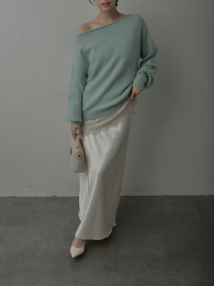 【SET】【premium touch】2wayショルダーニットプルオーバー+レースサテンキャミソール+ナローAラインサテンスカート(3set)