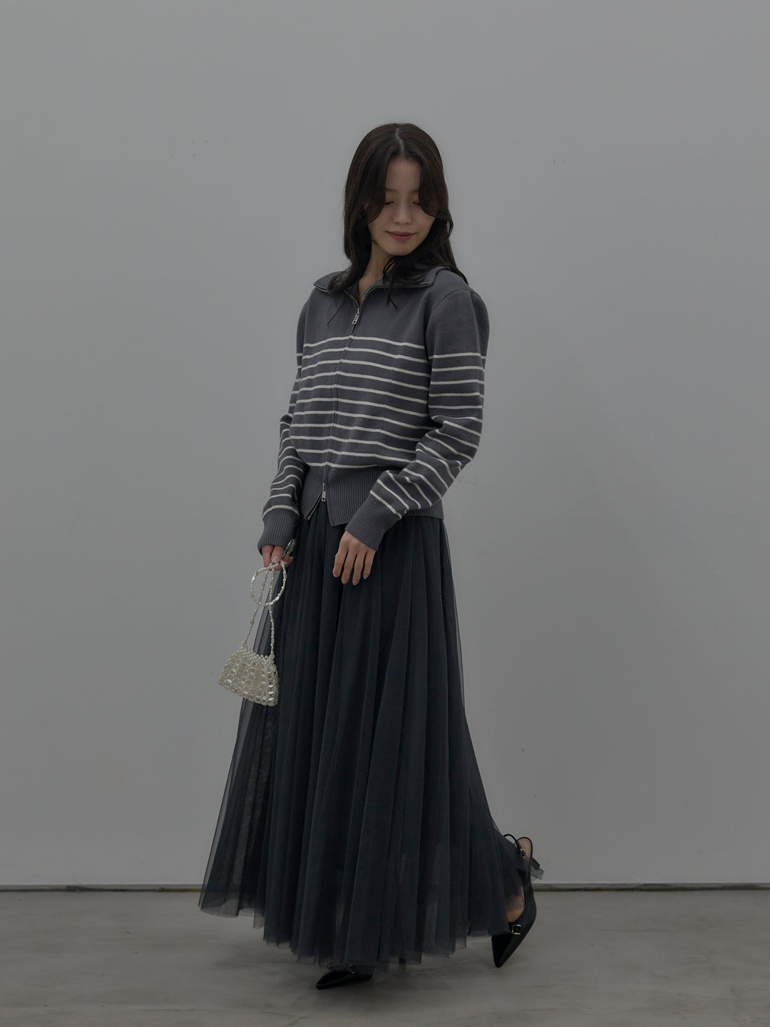 【SET】ダブルZIPハイネックボーダーニットトップス+ボリュームチュールスカート(2set)