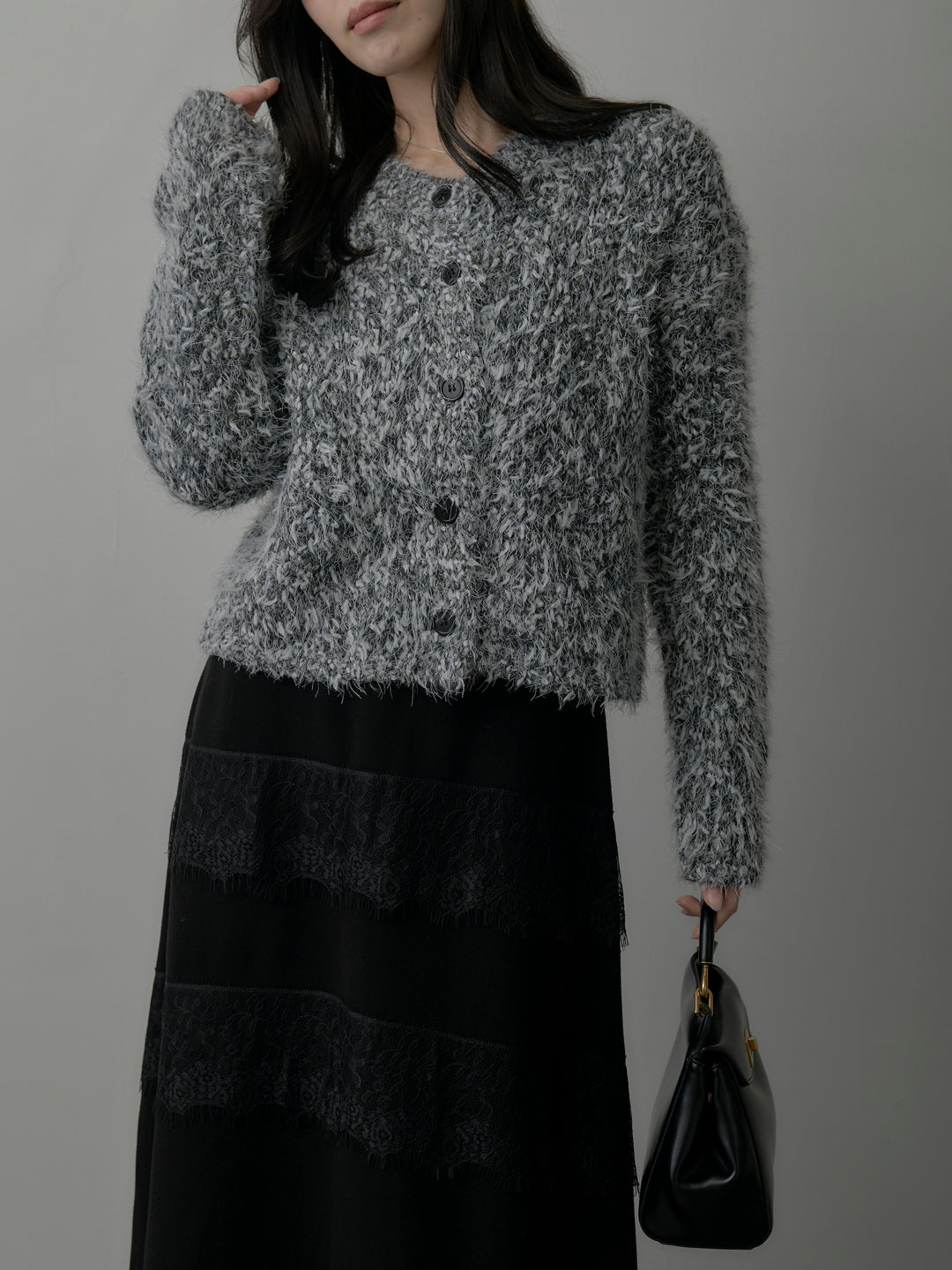 【SET】フェザーループニットカーディガン+レースデザインフレアスカート(2set)