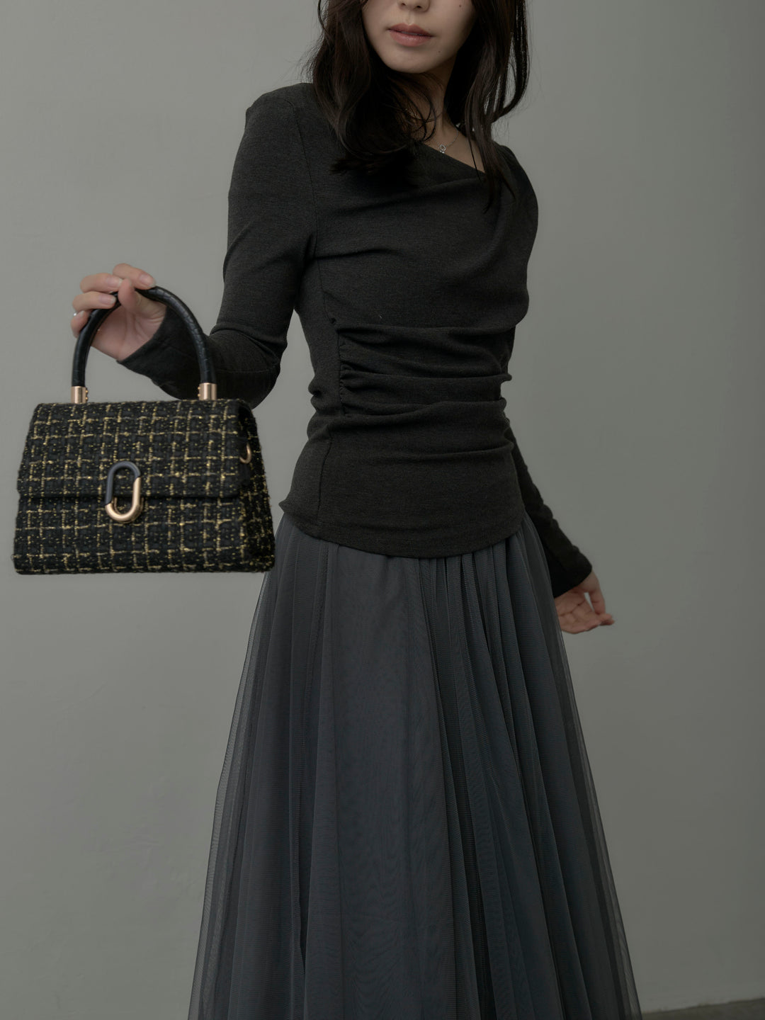 【SET】ドレープデザイントップス+ボリュームチュールスカート(2set)