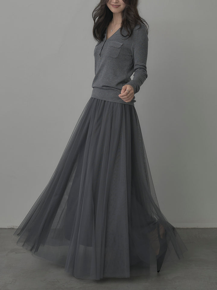 【SET】ポケットデザインリブニットトップス+ボリュームチュールスカート(2set)