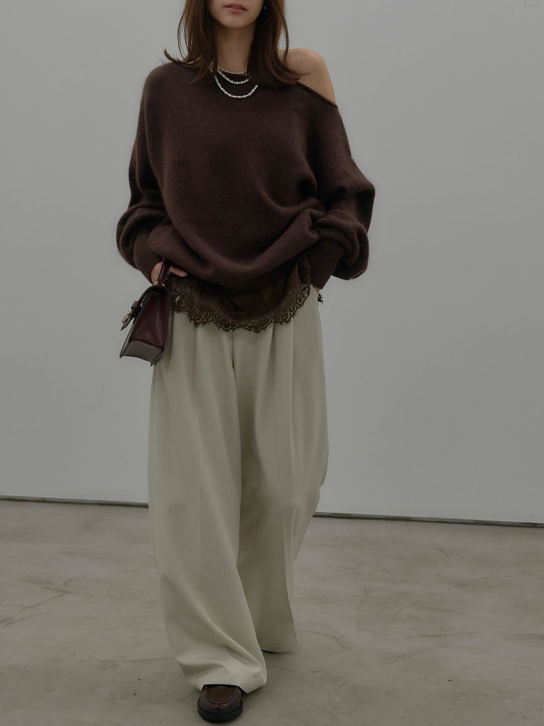 【SET】【premium touch】2wayショルダーニットプルオーバー+レースサテンキャミソール(2set)