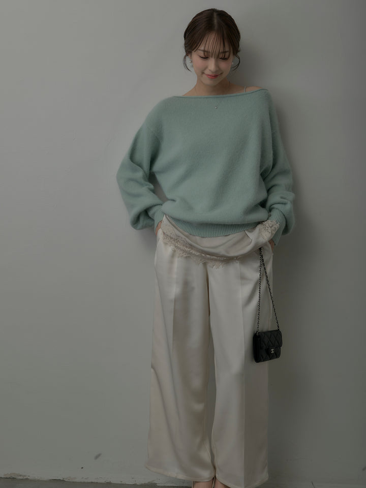 【SET】【premium touch】2wayショルダーニットプルオーバー+レースサテンキャミソール+【Essential】センタープレスサテンパンツ(3set)