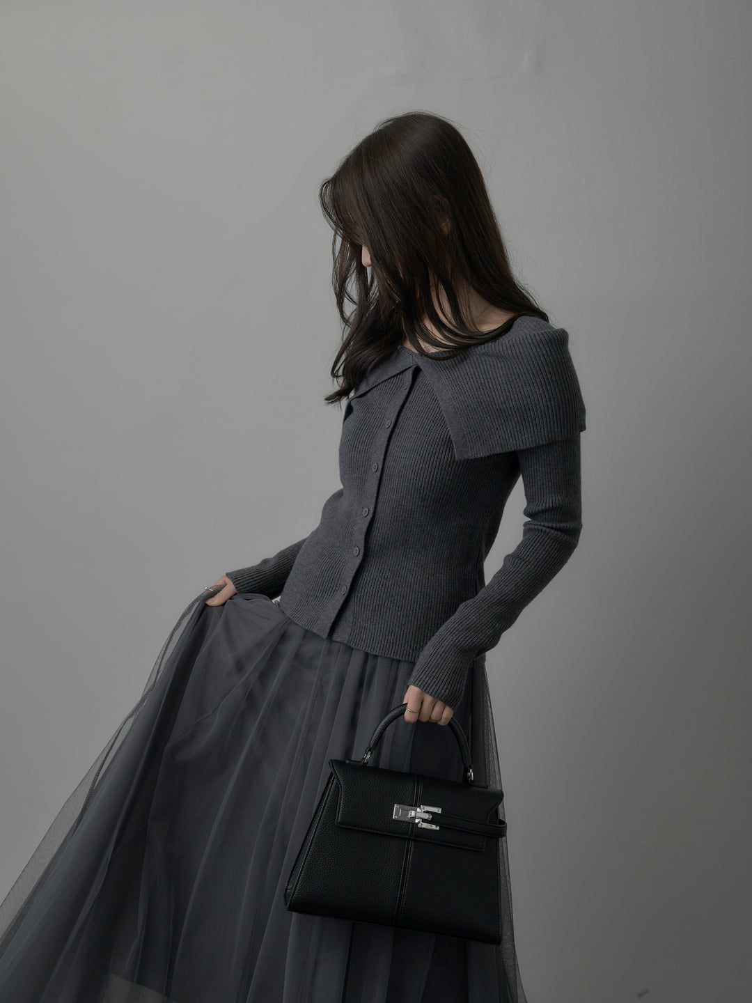 【SET】オフショルライクリブニットトップス+ボリュームチュールスカート(2set)