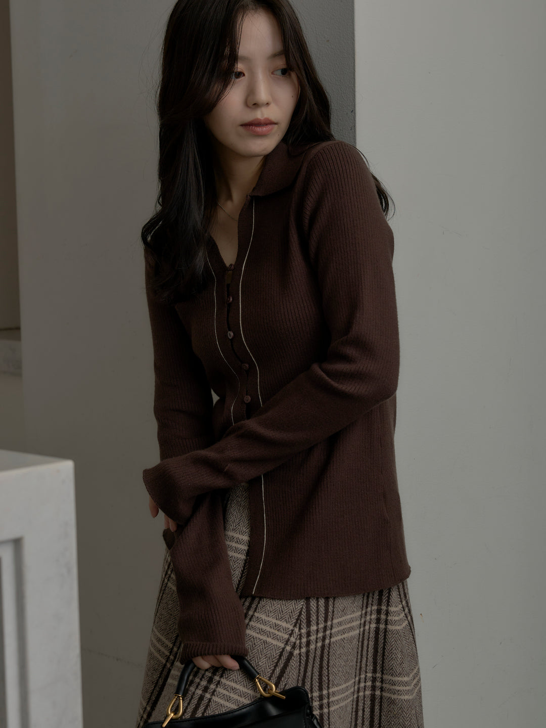 【SET】リブ配色ラインポロニットカーディガン+【Essential】クラシカルチェックウールタッチスカート(2set)