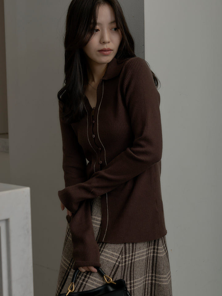 【SET】リブ配色ラインポロニットカーディガン+【Essential】クラシカルチェックウールタッチスカート(2set)