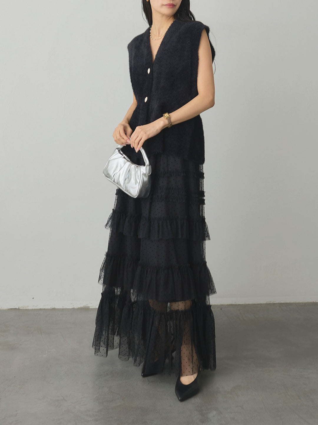 【SET】シャギーニットペプラムベスト+ドットチュールティアードスカート(2set)