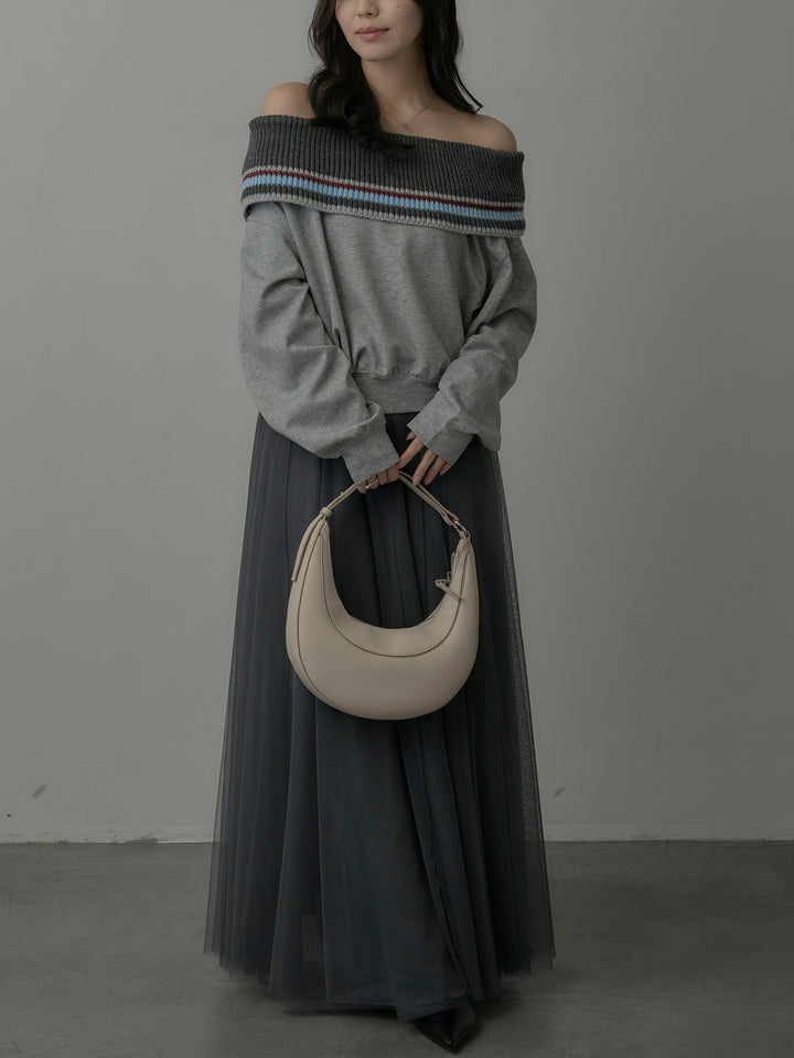 【SET】配色ボーダースウェットオフショルトップス+ボリュームチュールスカート(2set)