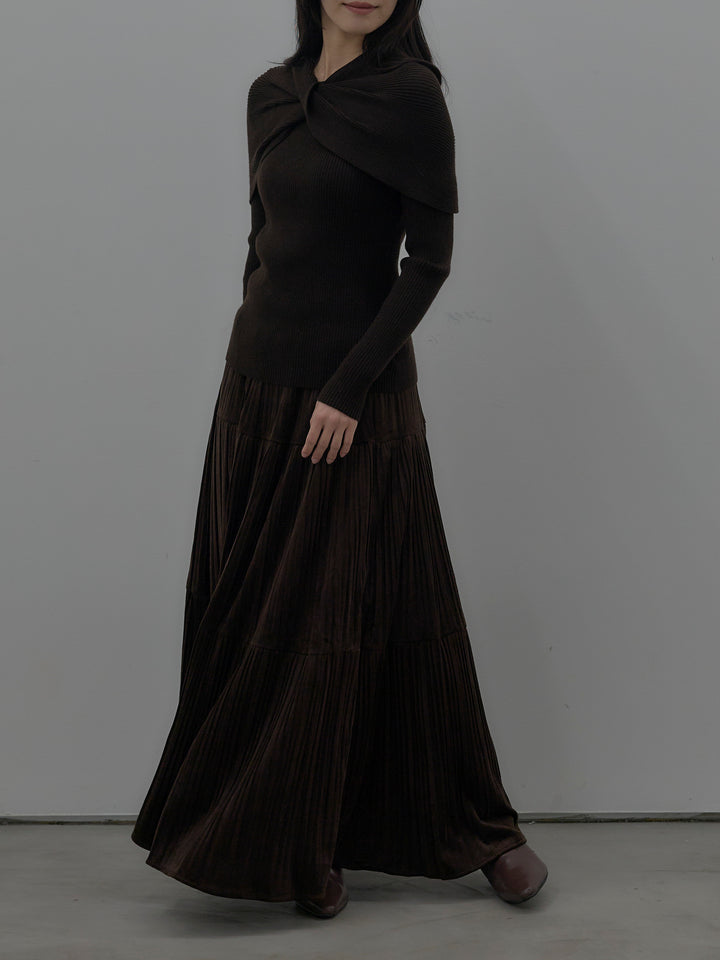 【SET】ケープライクデザインリブニットトップス+ベロアプリーツティアードスカート(2set)