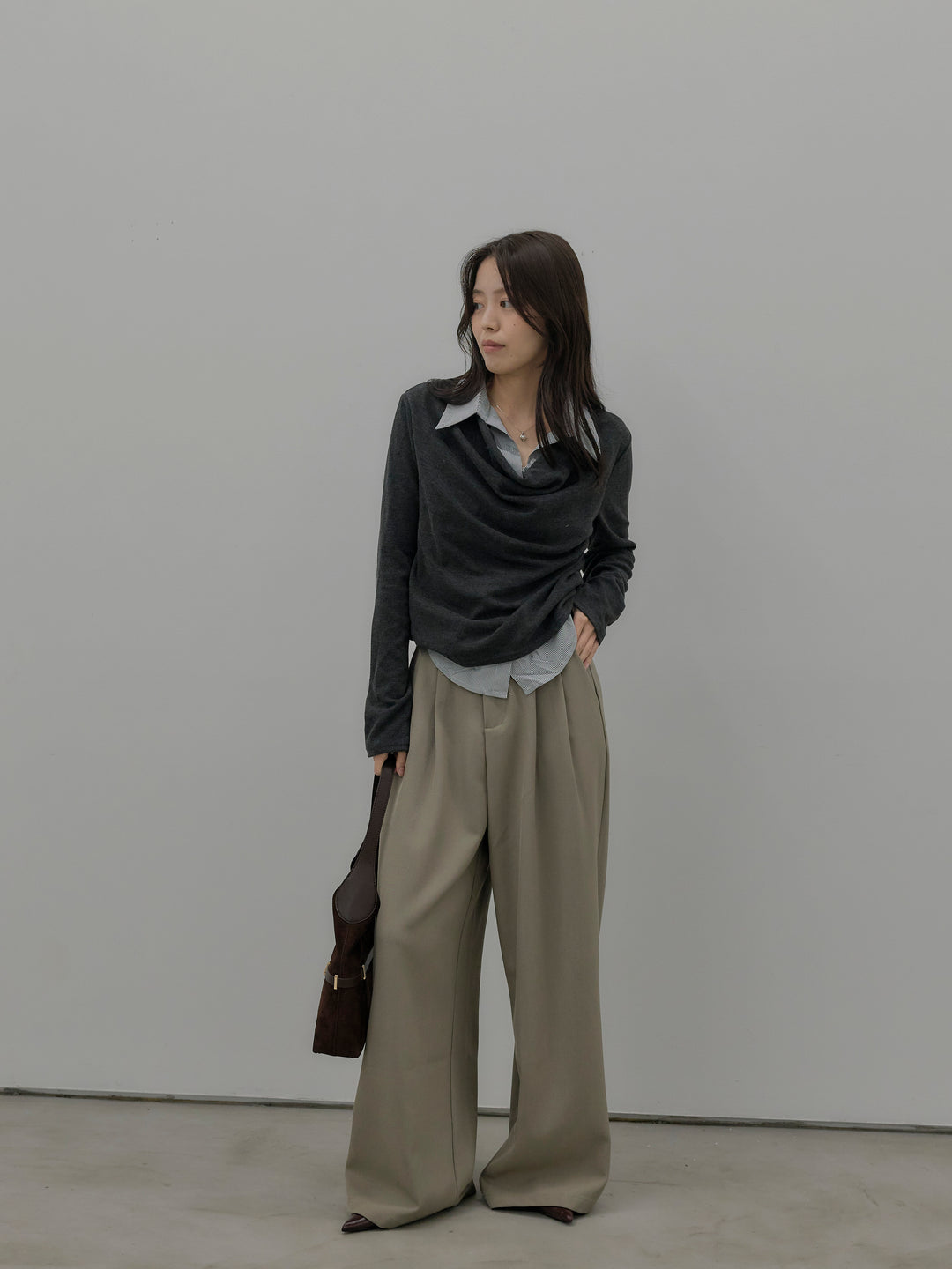 【SET】シャツレイヤードドレープニットトップス+デザインタックワイドパンツ(2set)