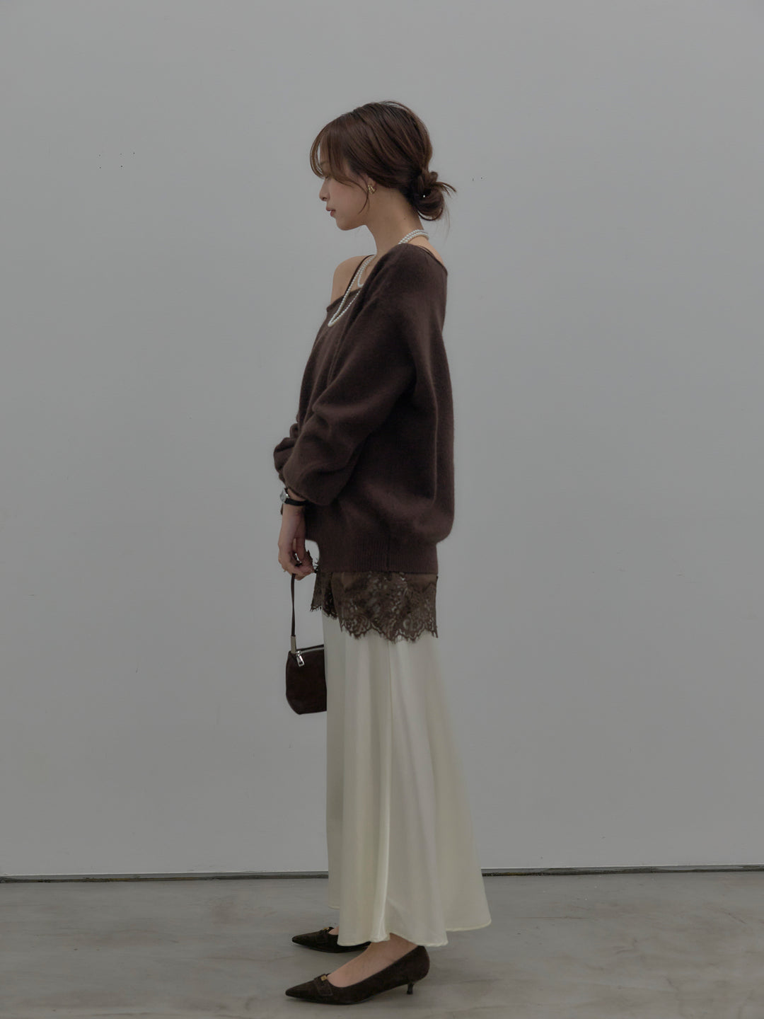 【SET】【premium touch】2wayショルダーニットプルオーバー+レースサテンキャミソール+ナローAラインサテンスカート(3set)