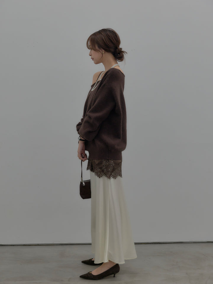 【SET】【premium touch】2wayショルダーニットプルオーバー+レースサテンキャミソール+ナローAラインサテンスカート(3set)