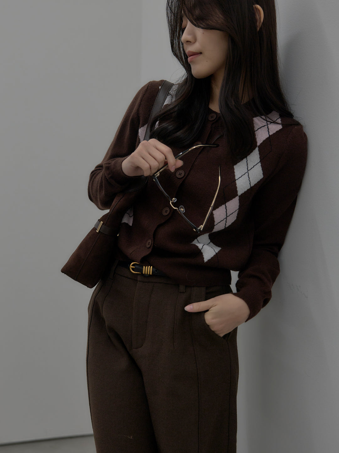 【SET】アーガイル柄ニットカーディガン+裏起毛デザインワイドパンツ(2set)