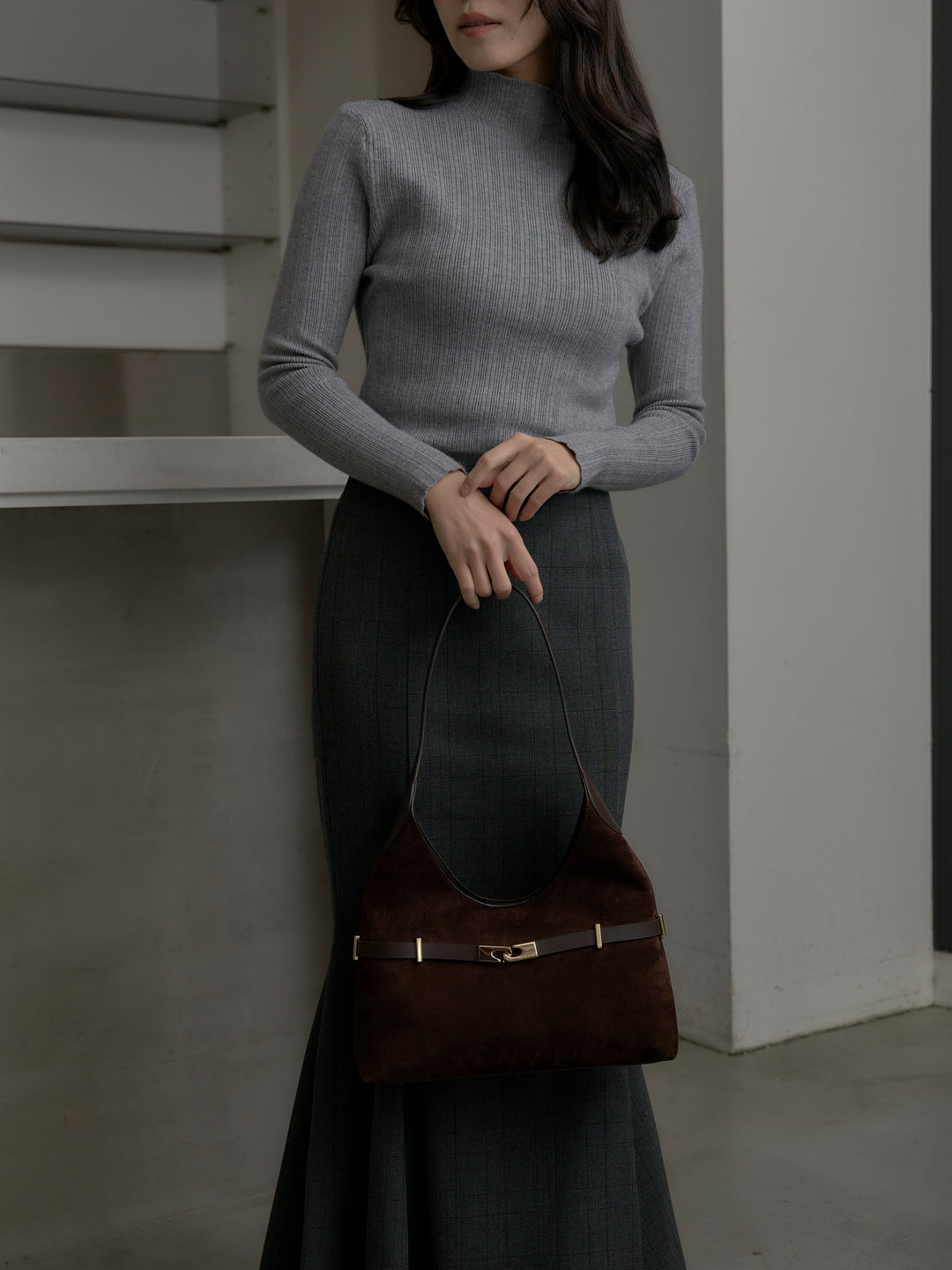 【SET】リブニットタートルネック+【Essential】チェック柄マーメイドスカート(2set)