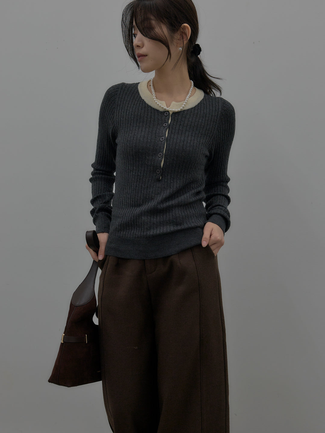 【SET】配色ケーブル編みニットトップス+裏起毛デザインワイドパンツ(2set)