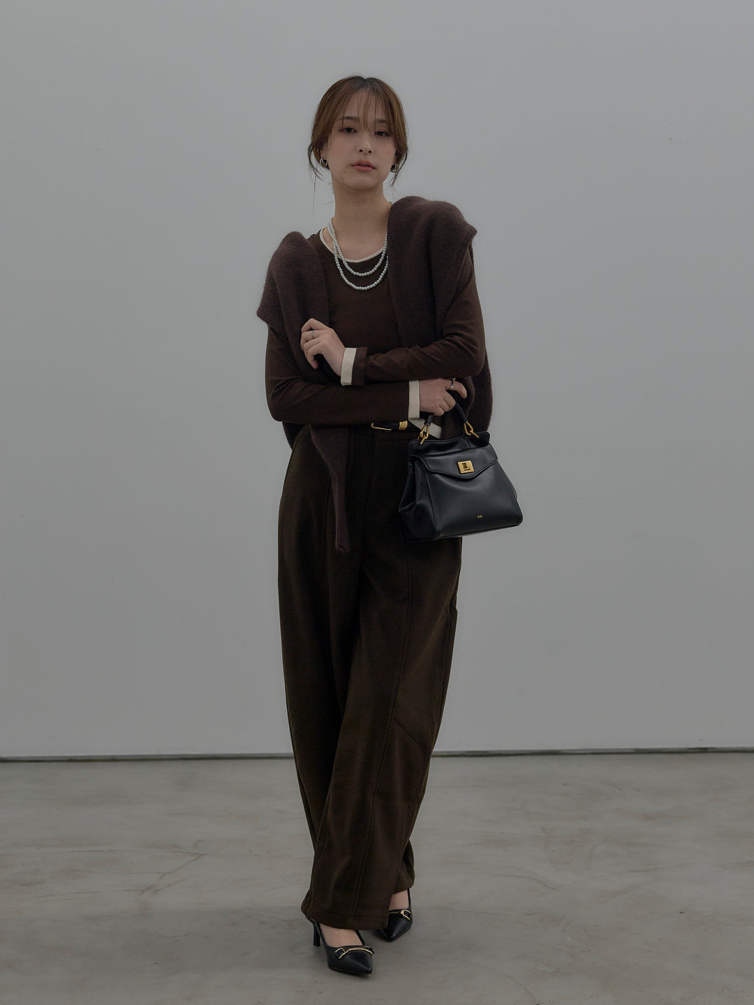 【SET】バイカラーレイヤードカットソー+カーブデザインスウェットライクパンツ(2set)