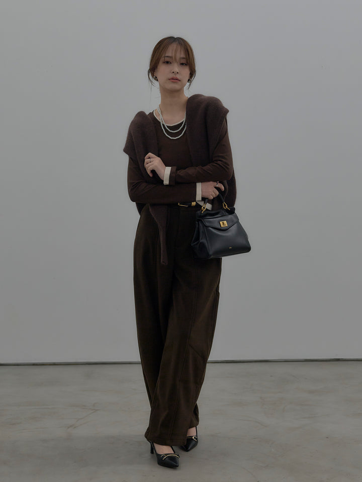 【SET】バイカラーレイヤードカットソー+カーブデザインスウェットライクパンツ(2set)