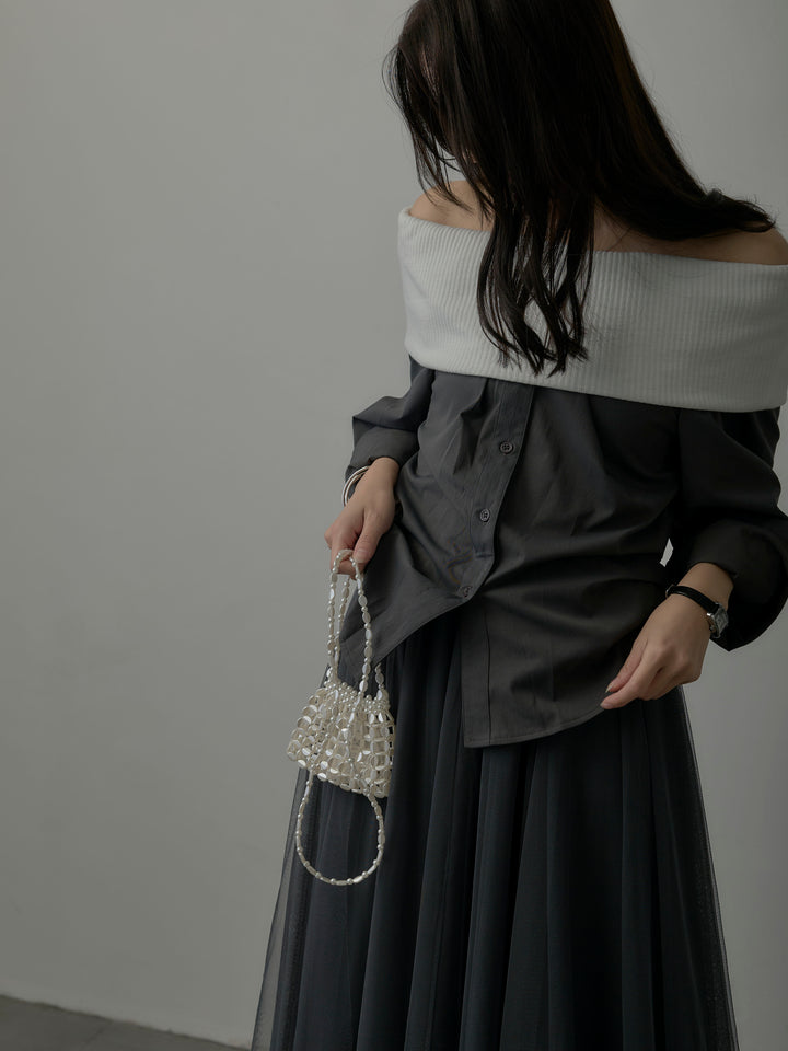 ニットシャツドッキングオフショルトップス