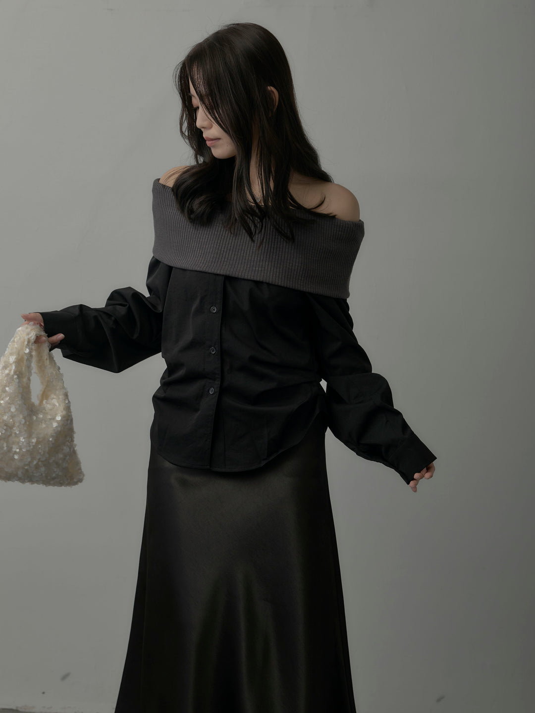 ニットシャツドッキングオフショルトップス