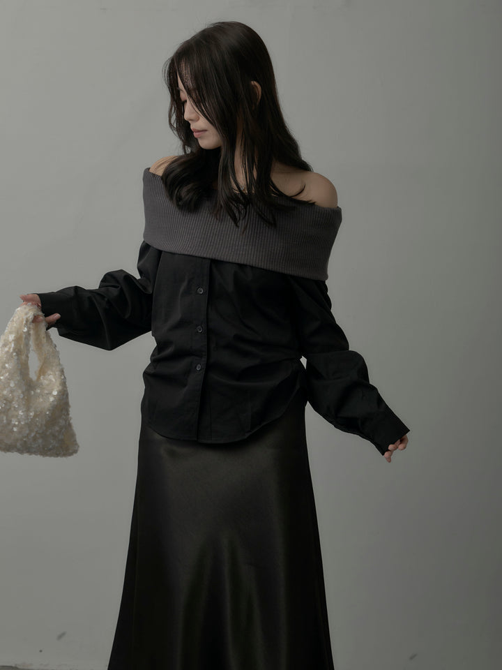 ニットシャツドッキングオフショルトップス