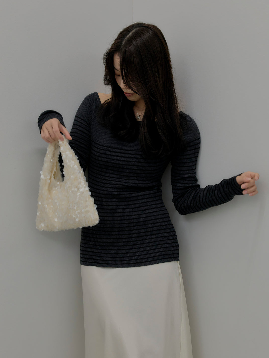 ハーフボーダーニットトップス